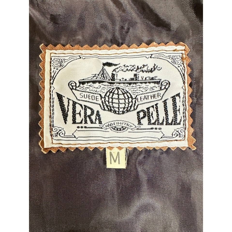 VTG Vera Pelle Italian Leather Jacket Cognac Brown Distressed Notch Collar Sz M Item image 7