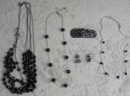 Lot of 6 Fashion Costume Jewelry Necklaces Earrings Barrette Black and Silver - £9.39 GBP