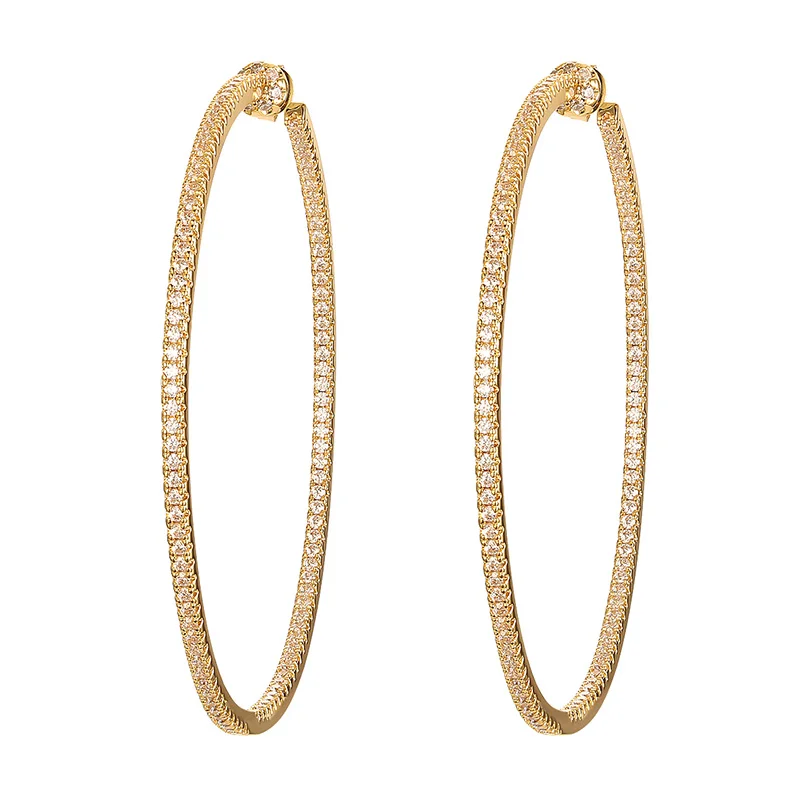 Shiny Thai Gold Color Huge Hoop Earrings Cubic Zirconia Fashion Designer Thin Ri - £19.78 GBP
