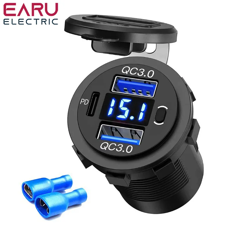 60W PD Dual QC 3.0 USB Charger with Digital Voltmeter Switch Socket Power Outlet - £10.60 GBP+