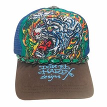 Don Ed Hardy Snapback Trucker Hat Tiger Flames MultiColor Embroidered w/Chain - £74.75 GBP