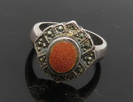 925 Sterling Silver - Vintage Goldstone &amp; Marcasite Band Ring Sz 6.5 - RG18602 - $35.56