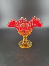 Vintage Fenton Glass Red Amberina Hobnail Pedestal Compote Glows Ruffled 6” - $14.92