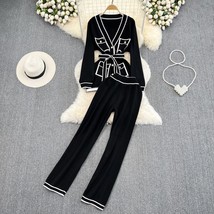 T knitting suit long sleeve pockets belt cardigan sweater long pants trousers two piece thumb200