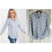 Chicos No Iron Chic Stretch Shirt Top Size 0 or Small Blue Diamond 3/4 Sleeve - £19.30 GBP