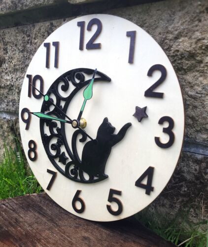 Primary image for Handmade Wooden wall Clock Wicca Witch Black Cat Moon Viking Gothic Halloween 