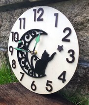 Handmade Wooden wall Clock Wicca Witch Black Cat Moon Viking Gothic Halloween  - $37.32