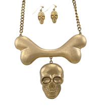 Zeckos Burnished Goldtone Skull And Bones Bib Necklace - Matching Earrings - £11.41 GBP