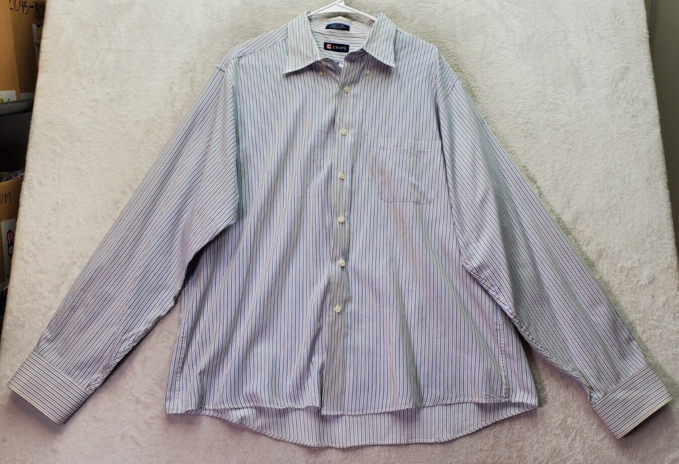 Primary image for Chaps Dress Shirt Men's Sz 17.5 Blue Tan Pinstripe Regular Fit Twill Button Down