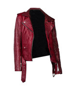 New Women&#39;s Maroon Metal Silver Studded Classic Brando Biker Leather Jac... - $379.99