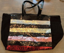 Victoria’s Secret Tote Bag Large Travel Canvas Sequin Stripe Weekender - $16.39