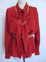 Vintage Evan Picone Pussy Cat Bow Tie Blouse 14 Red Silky Plaid Jacquard Satin - £27.90 GBP