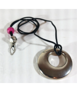Silver Tone Round Metal Circle Pendant Black Corded Necklace Bead Accent... - $11.39