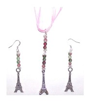 Necklace Earrings Eiffel Tower 1&quot; Charm Green Pink Brown Beads Pink Ribb... - $15.00