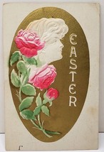 Easter Greetings Beautiful Woman Side Profile With Roses Embossed Postcard E14 - £6.17 GBP