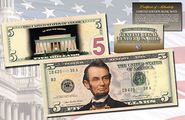 Lincoln Memorial Night Version Genuine Legal Tender Colorized 2-Sided $5 Us Bill - £14.90 GBP