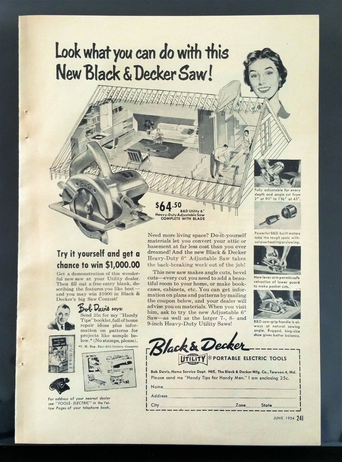Vintage 1954 Black & Decker Saw Full Page Original Tools Ad - £5.30 GBP