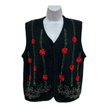 Lisa International Large Beaded Knit Black Poinsetta Flowers Christmas Sweater - £28.16 GBP