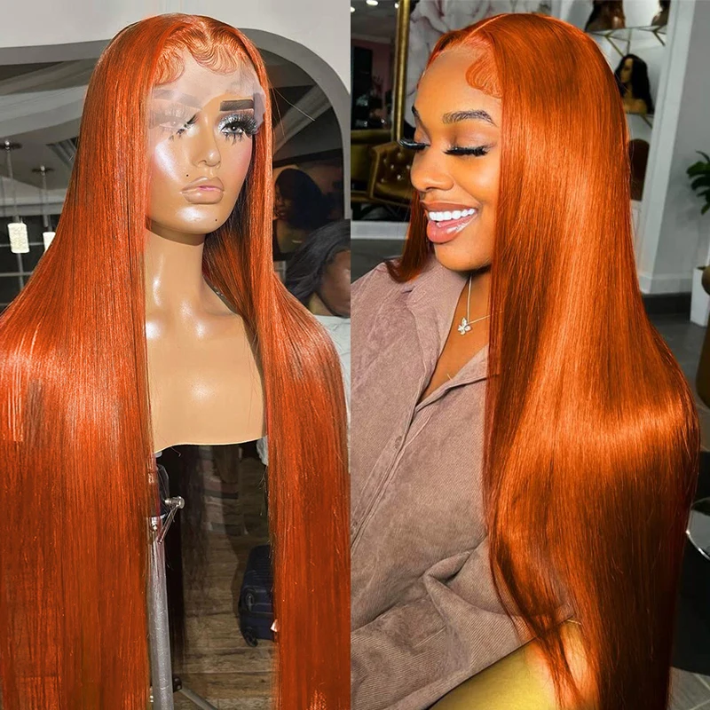Orange Ginger Lace Front Wig Human Hair 13x4 Straight Lace Frontal Wig P - £77.23 GBP+