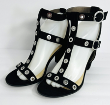 Sam &amp; Libby Evita 9 Black Grommet Chunky Block Heel Sandals Faux Suede - £31.41 GBP