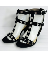 Sam &amp; Libby Evita 9 Black Grommet Chunky Block Heel Sandals Faux Suede - £31.69 GBP