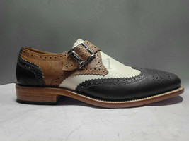 Handmade Men&#39;s Leather Premium Multi Color Single Buckle Strap Monk Shoes-210 - $237.49