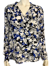 Nine West White, Blue, Gray, Black Floral V Neck Long Sleeve Top Size XL - £18.97 GBP