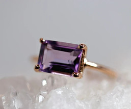 Emerald Cut Amethyst Ring Rose Gold Amethyst Engagement Ring February Birthstone - £884.95 GBP