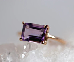 Emerald Cut Amethyst Ring Rose Gold Amethyst Engagement Ring February Birthstone - £861.10 GBP