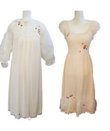 Mod 60s XS Bridal Nylon Gown Robe Pale Pink Flowers Set Puff Sleeve Cott... - £74.38 GBP