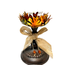 Fall Harves Metal Leaf Votive Candle Holder Ribbon and Beads 8&quot; Tall - £13.20 GBP
