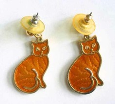 Elegant Ginger Enamel Gold-tone Cat Pierced Earrings 1980s 1 1/2&quot; - £10.35 GBP