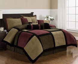 The 7-Piece Burgundy Brown Black Micro Suede Patchwork Comforter Set, Size Bed. - £91.87 GBP