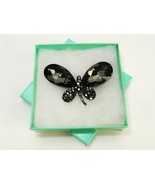 Butterfly Brooch Pin, Gray Faceted Gemstone Wings, Brushed Brass Frame, ... - $8.77