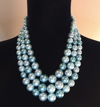 Cool Aqua Tone Multi Strand Faux Pearl Statement Necklace Blue Green w Extender - £11.96 GBP
