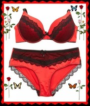 34B New York Elegance Red Black Dot Lace PushUp UW Bra S Bikini 2pc Set $50 - £15.81 GBP