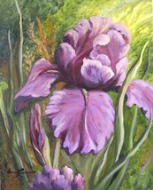 Purple Iris Original Realistic Still life Oil Painting Stretched Canvas - £285.84 GBP