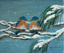 Bluebirds in a Snow Storm Original Oil Painting by Irene Livermore  - $145.00
