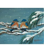 Bluebirds in a Snow Storm Original Oil Painting by Irene Livermore  - £115.26 GBP