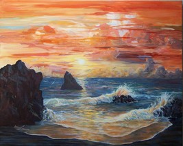 Oregon Coast Sunset Beach Seascape Original Oil Painting by Irene Liverm... - £948.19 GBP