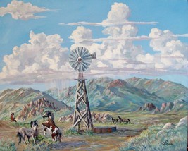 Wild Horses Windmill Original Landscape Oil Painting By Irene Livermore - £509.04 GBP