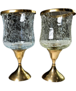 Set Of 2 brass candlestick Candle Holder crackle Shattered glass votives... - $34.27 CAD