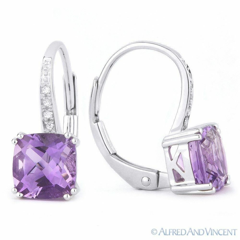 Primary image for 1.82ct Cushion Cut Amethyst & Diamond Leverback Dangling Earrings 14k White Gold