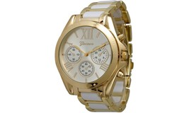 NEW Geneva 513162 Women&#39;s Two Tone Cute White/Gold Large Round Numeral Fun Watch - £9.70 GBP