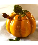 Ceramic Pumpkin Jam Condiment Container w Lid &amp; Spoon Unmarked - $277.99 MXN