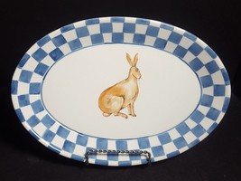 Bunny Rabbit oval serving dish Easter plate Blue Gingham Italian tableware - $44.45
