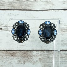 Vintage Clip On Earrings Dark Tones with Blue Gems - Missing Gems &amp; Loose Clips - £5.52 GBP