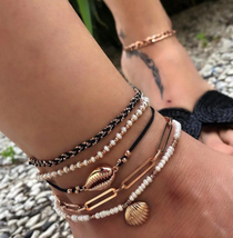 Docona Boho Gold Shell Cowrie Pearl Bead 5 Piece Anklet Set Ankle Jewelry - £7.88 GBP