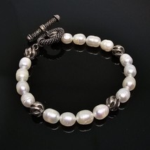 Elegant White Freshwater Baroque Pearl Silver Tone Beaded Toggle Bracelet - £19.61 GBP