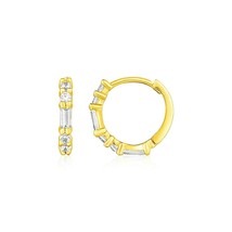 14k Yellow Gold Petite 0.41in Hoop Earrings with Baguette Cubic Zirconias - £109.30 GBP